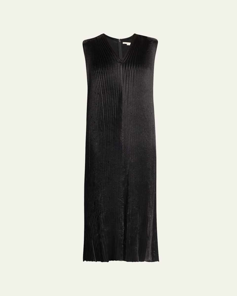 Pleated Satin Laser-Cut Trapeze Dress
